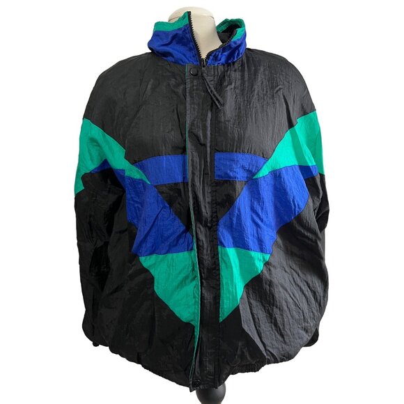 Vintage Turnpoint Abstract Windbreaker Jacket Sz Large Mens Black Green Blue Lon - Picture 9 of 11